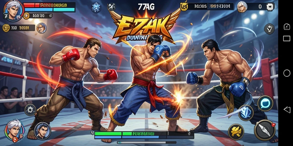 Screenshot menunjukkan karakter bertarung dalam arena pertarungan yang epik.