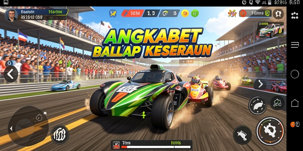 Screenshot gameplay ANGKABET menampilkan mobil balap yang melaju cepat di trek.
