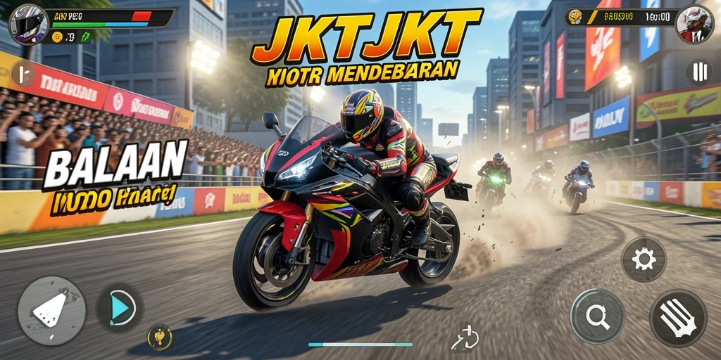Screenshot JKTJKT menampilkan aksi balapan motor yang mendebarkan.