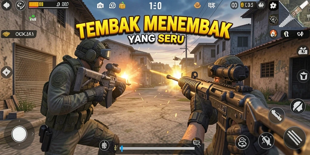 Tampilan gameplay OKJK dengan aksi tembak menembak yang mendebarkan.