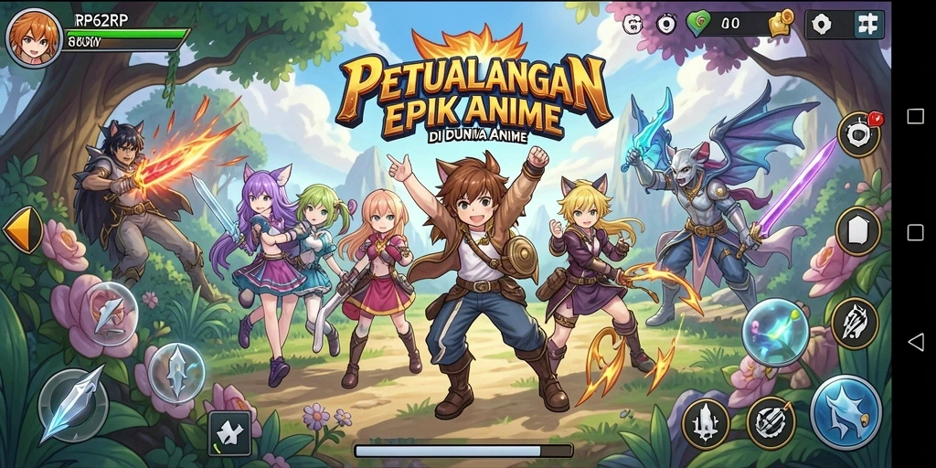 Tangkapan layar gameplay RP62RP yang menampilkan karakter Anime dalam pertempuran epik.
