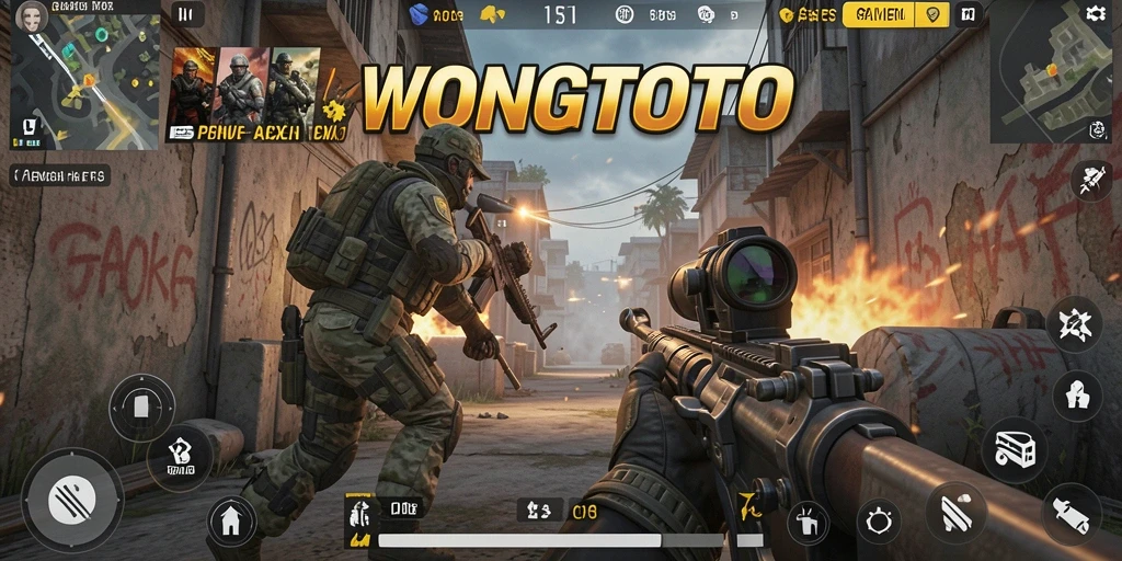 Screenshot WONGTOTO menampilkan aksi pertempuran FPS yang mendebarkan.